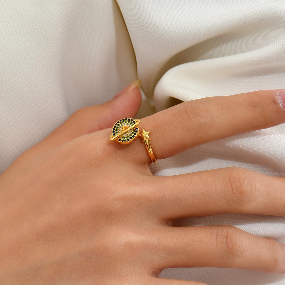 18K Gold Zircon Sun Flower Planet Rotating Ring Sunflower Daisy Open Ring European and American Cross-Border Jewelry