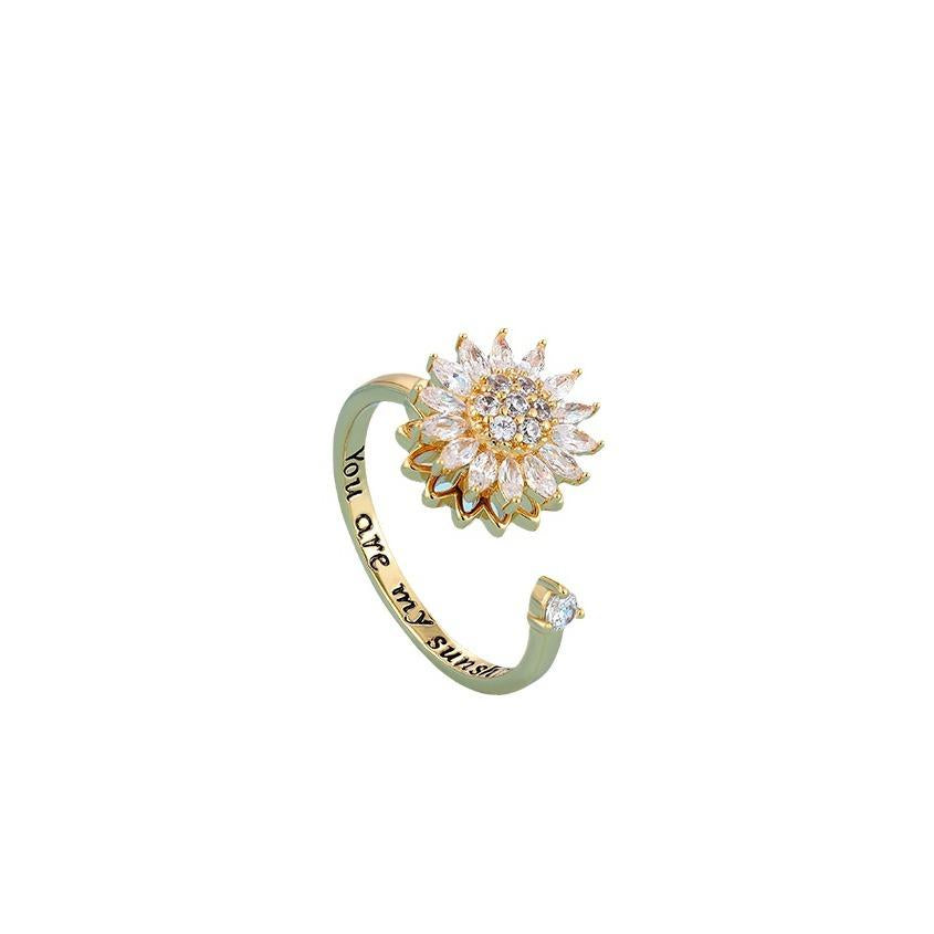 18K Gold Zircon Sun Flower Planet Rotating Ring Sunflower Daisy Open Ring European and American Cross-Border Jewelry
