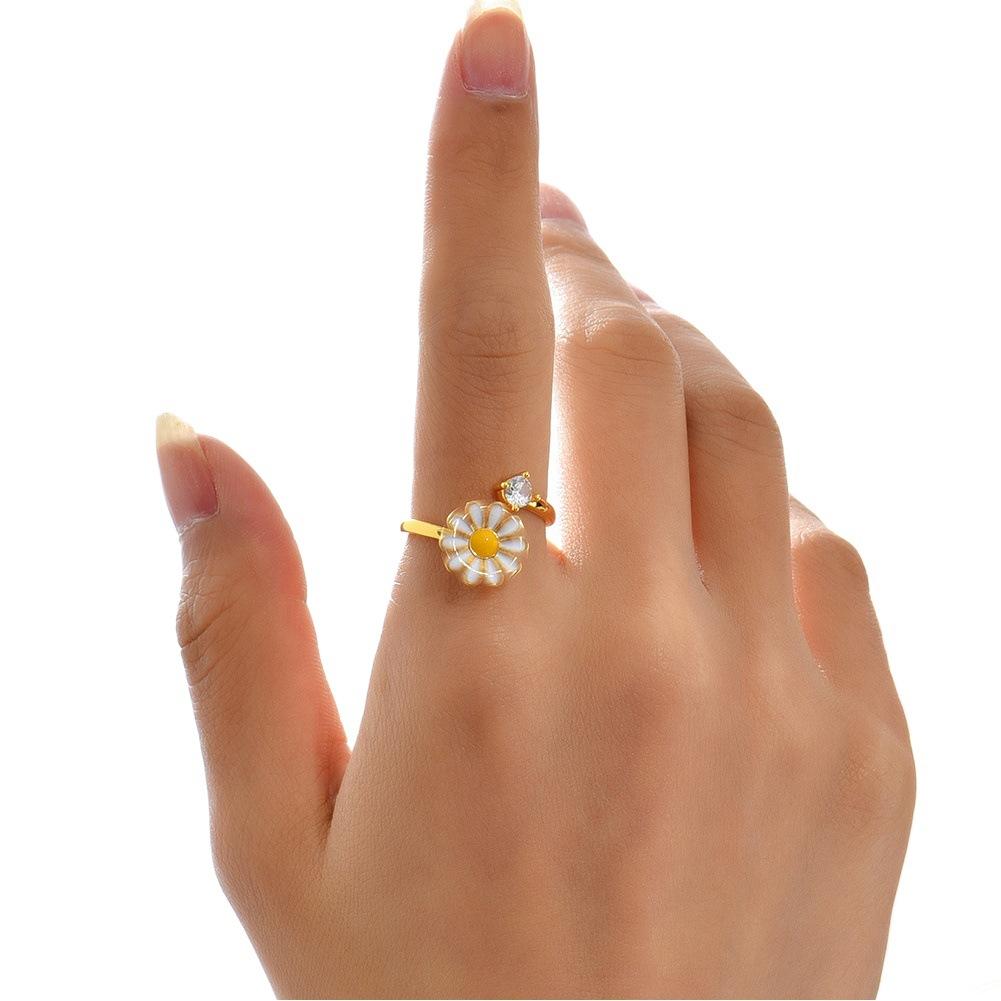 18K Gold Zircon Sun Flower Planet Rotating Ring Sunflower Daisy Open Ring European and American Cross-Border Jewelry