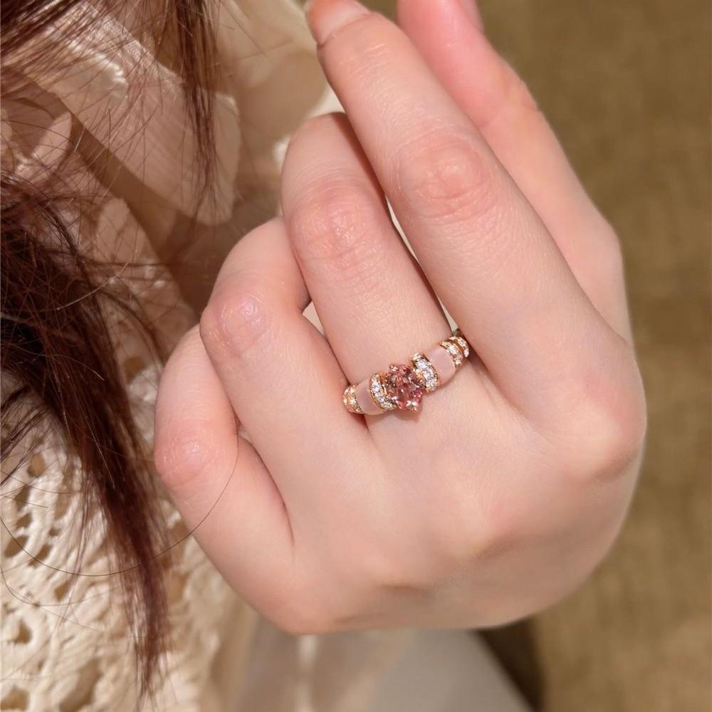 Curing Cherry Blossom Sequence ~ Middle Ancient Vintage Pink Zircon Socialite Style Light Luxury High-Grade Open Ring