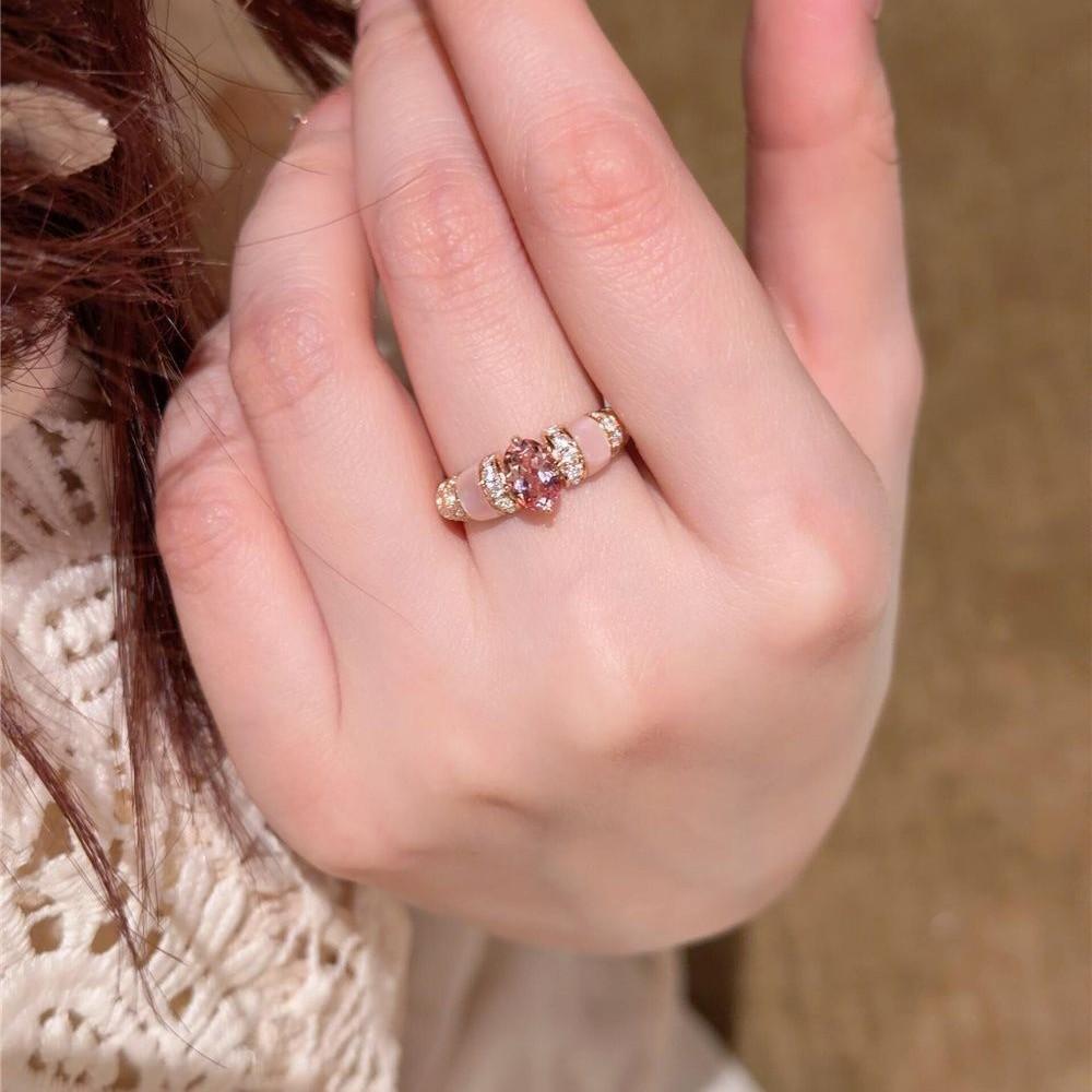 Curing Cherry Blossom Sequence ~ Middle Ancient Vintage Pink Zircon Socialite Style Light Luxury High-Grade Open Ring