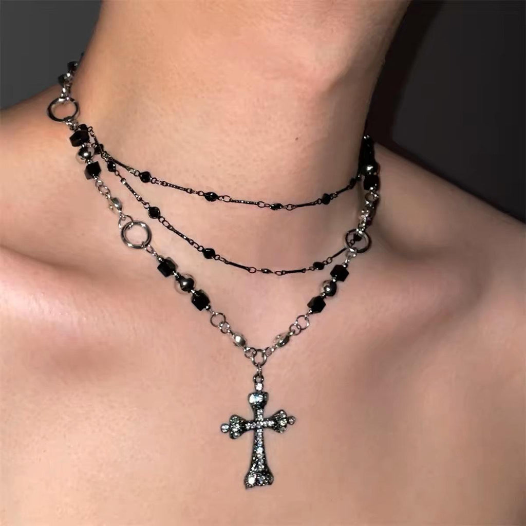 Sweet Cool Hot Girl Multi-Layer Stacked Gun Black Cross Necklace Female Clavicle Chain Female High-Grade Choker Necklace Accessories