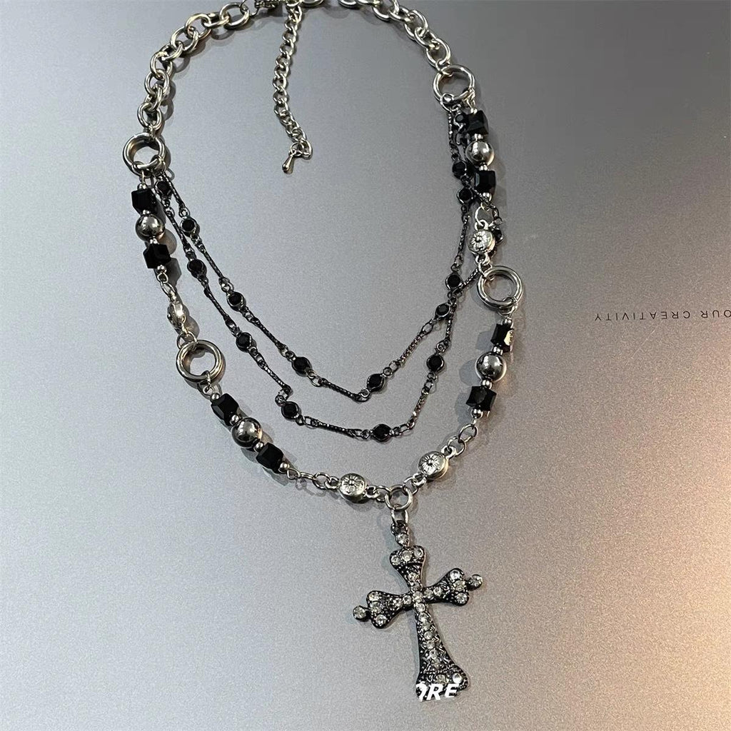 Sweet Cool Hot Girl Multi-Layer Stacked Gun Black Cross Necklace Female Clavicle Chain Female High-Grade Choker Necklace Accessories