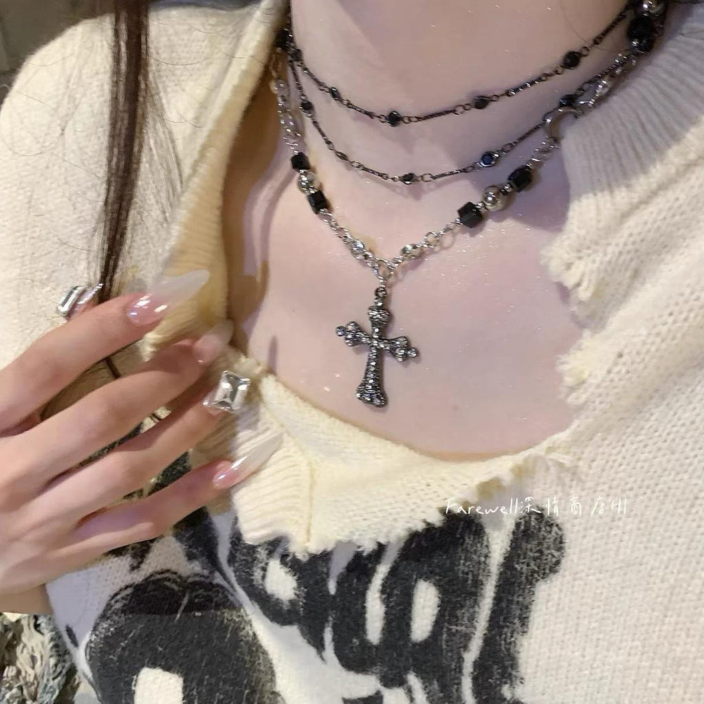 Sweet Cool Hot Girl Multi-Layer Stacked Gun Black Cross Necklace Female Clavicle Chain Female High-Grade Choker Necklace Accessories