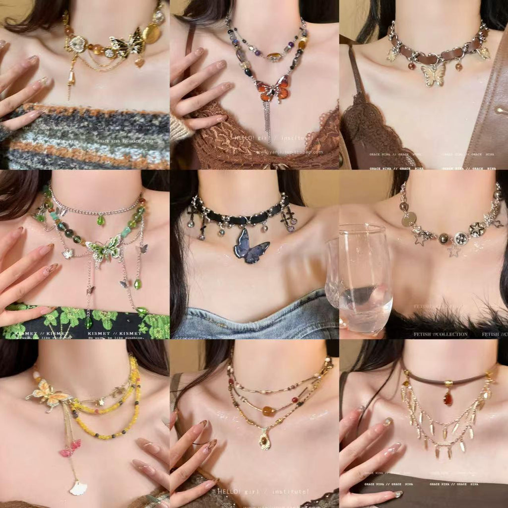Sweet Cool Hot Girl Choker Butterfly Pendant Necklace Female Hot Fashion Heavy Industry Tassel Retro Necklace Clavicle Chain