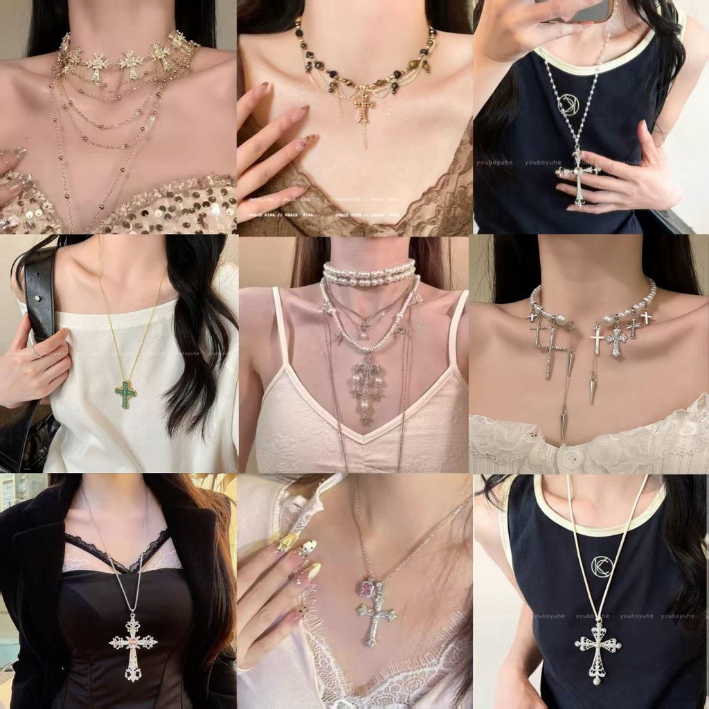 European and American Personality Cross Necklace Choker Dark Sweet Cool Hot Girl Style Multi-Layer Tassel Long Halter Clavicle Chain Female