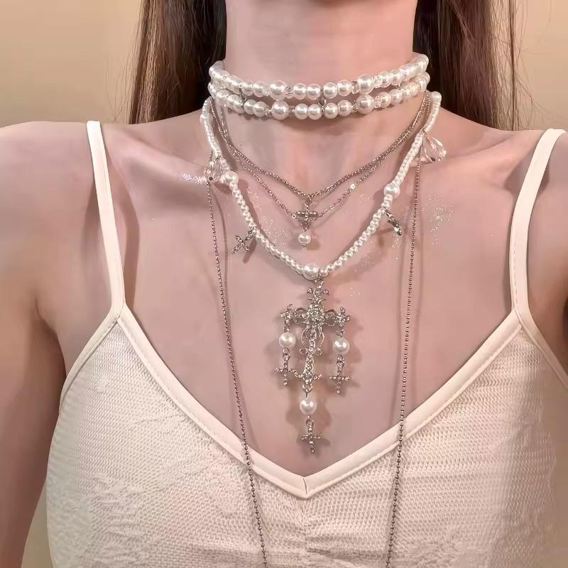 European and American Personality Cross Necklace Choker Dark Sweet Cool Hot Girl Style Multi-Layer Tassel Long Halter Clavicle Chain Female