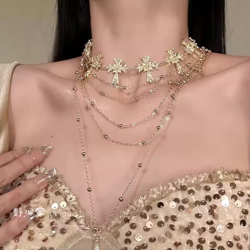 European and American Personality Cross Necklace Choker Dark Sweet Cool Hot Girl Style Multi-Layer Tassel Long Halter Clavicle Chain Female