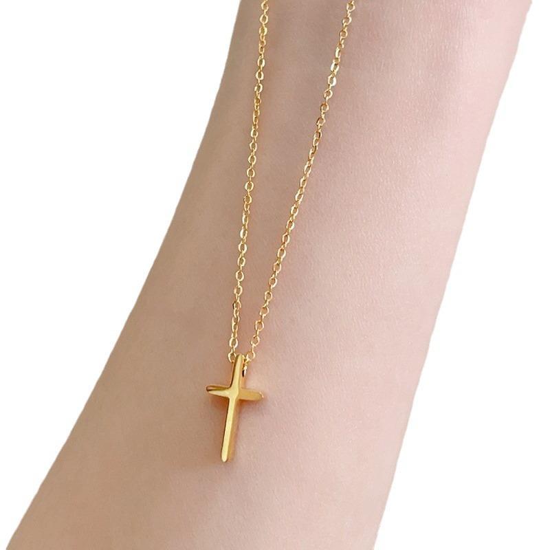 Glossy Polished 18K Gold Cross Necklace Pendant Clavicle Chain Female High-Grade Necklace Titanium Steel Stainless Steel