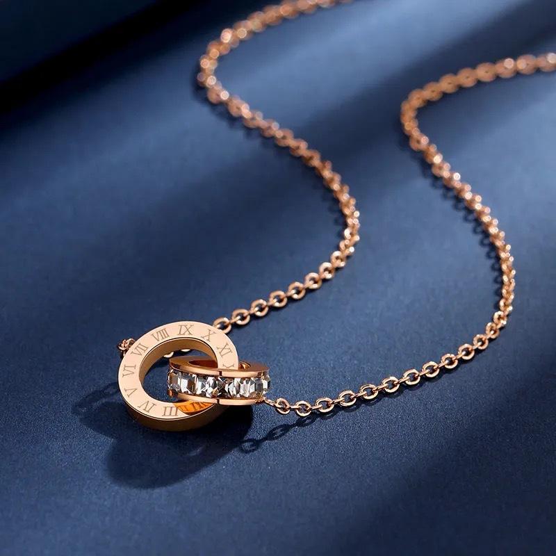 Full Body Titanium Steel Electroplating 18K Roman Digital Double Ring Necklace Light Luxury Niche Titanium Steel Clavicle Chain Pendant Factory Price