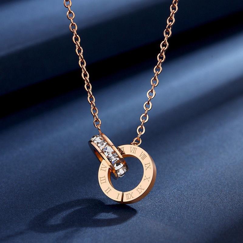Full Body Titanium Steel Electroplating 18K Roman Digital Double Ring Necklace Light Luxury Niche Titanium Steel Clavicle Chain Pendant Factory Price