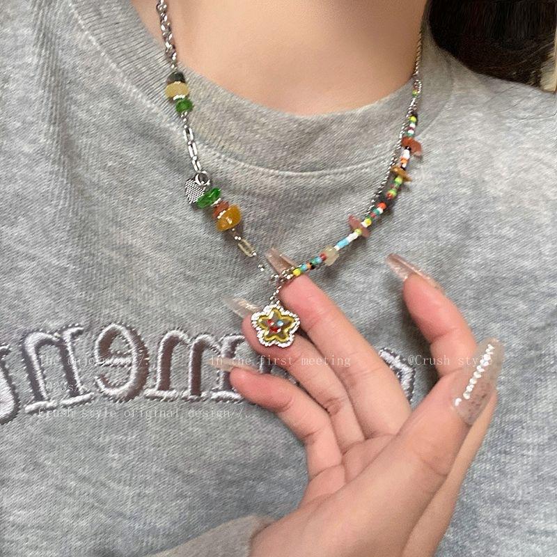 Colorful Stone Smiley Face Necklace for Women Light Luxury Niche Design Sense Y2g Millennium Style Clavicle Chain Sweet Cool Hot Girl Style Necklace