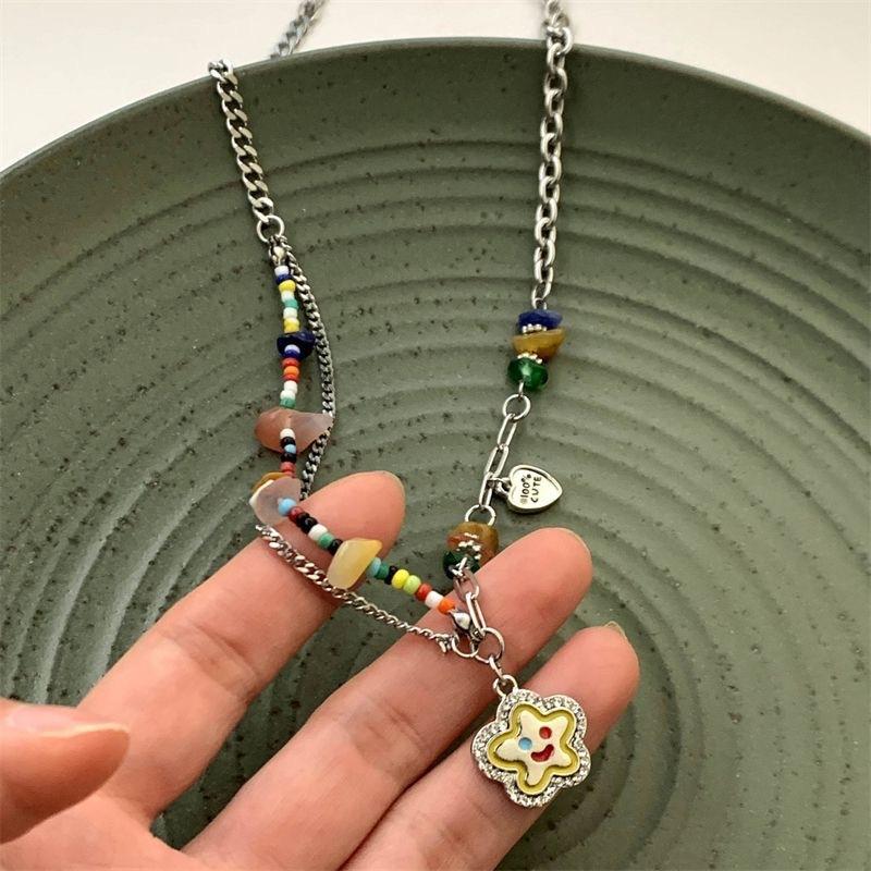 Colorful Stone Smiley Face Necklace for Women Light Luxury Niche Design Sense Y2g Millennium Style Clavicle Chain Sweet Cool Hot Girl Style Necklace