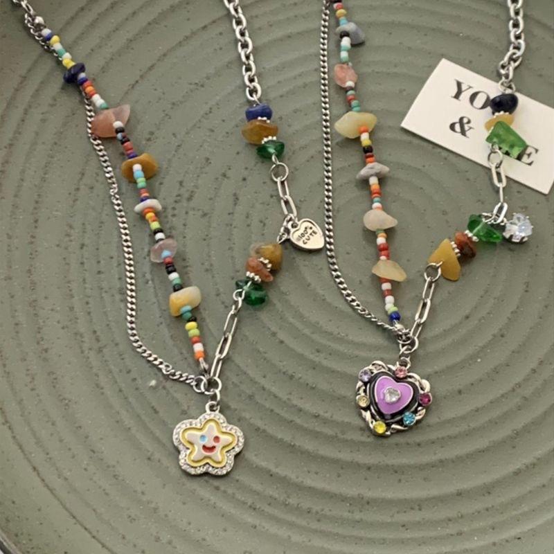 Colorful Stone Smiley Face Necklace for Women Light Luxury Niche Design Sense Y2g Millennium Style Clavicle Chain Sweet Cool Hot Girl Style Necklace