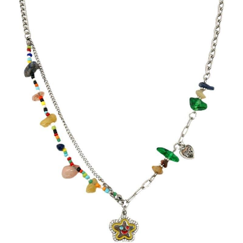 Colorful Stone Smiley Face Necklace for Women Light Luxury Niche Design Sense Y2g Millennium Style Clavicle Chain Sweet Cool Hot Girl Style Necklace