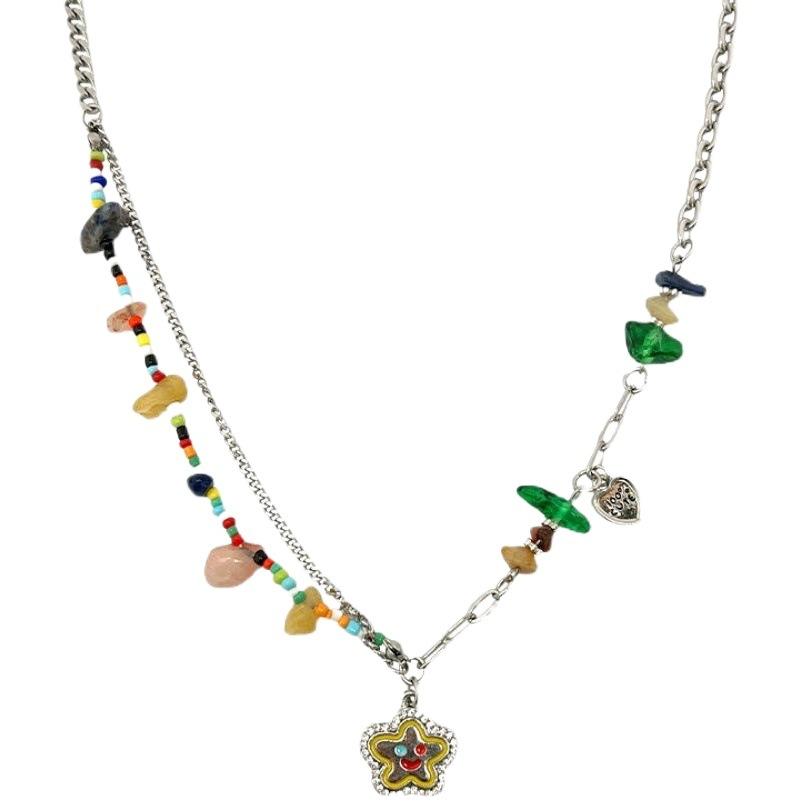Colorful Stone Smiley Face Necklace for Women Light Luxury Niche Design Sense Y2g Millennium Style Clavicle Chain Sweet Cool Hot Girl Style Necklace