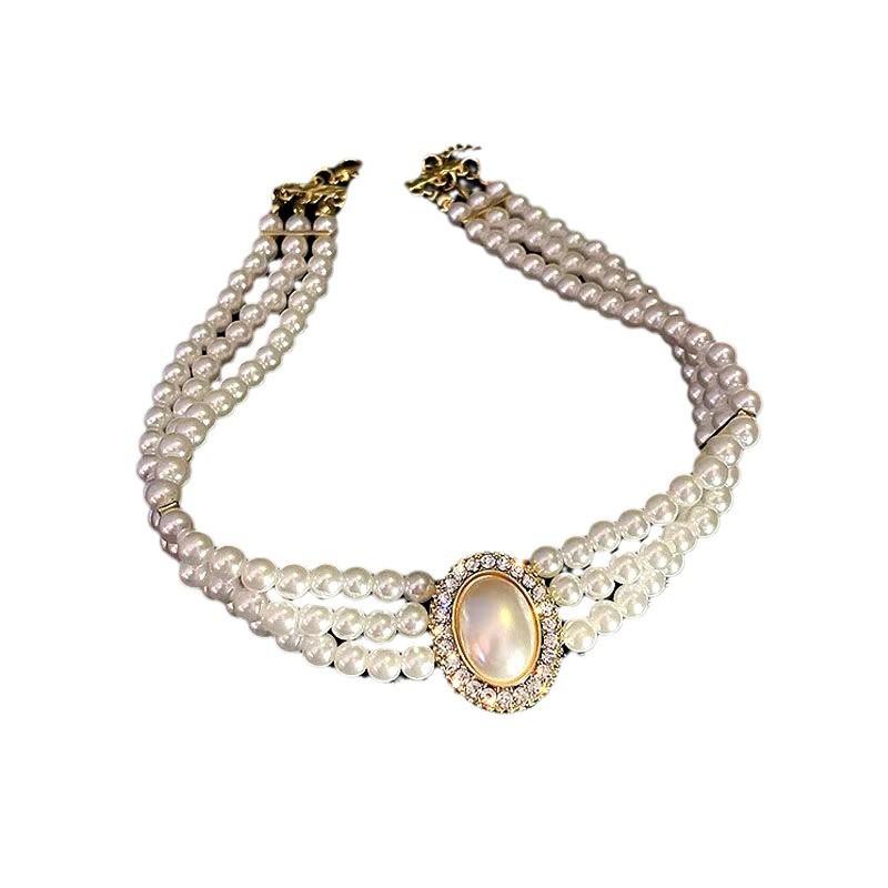 Ethnic Style Imitation Pearl Short Diamond Necklace Collar Clavicle Chain Design Sense Online Celebrity Retro Niche Fashion All-Matching