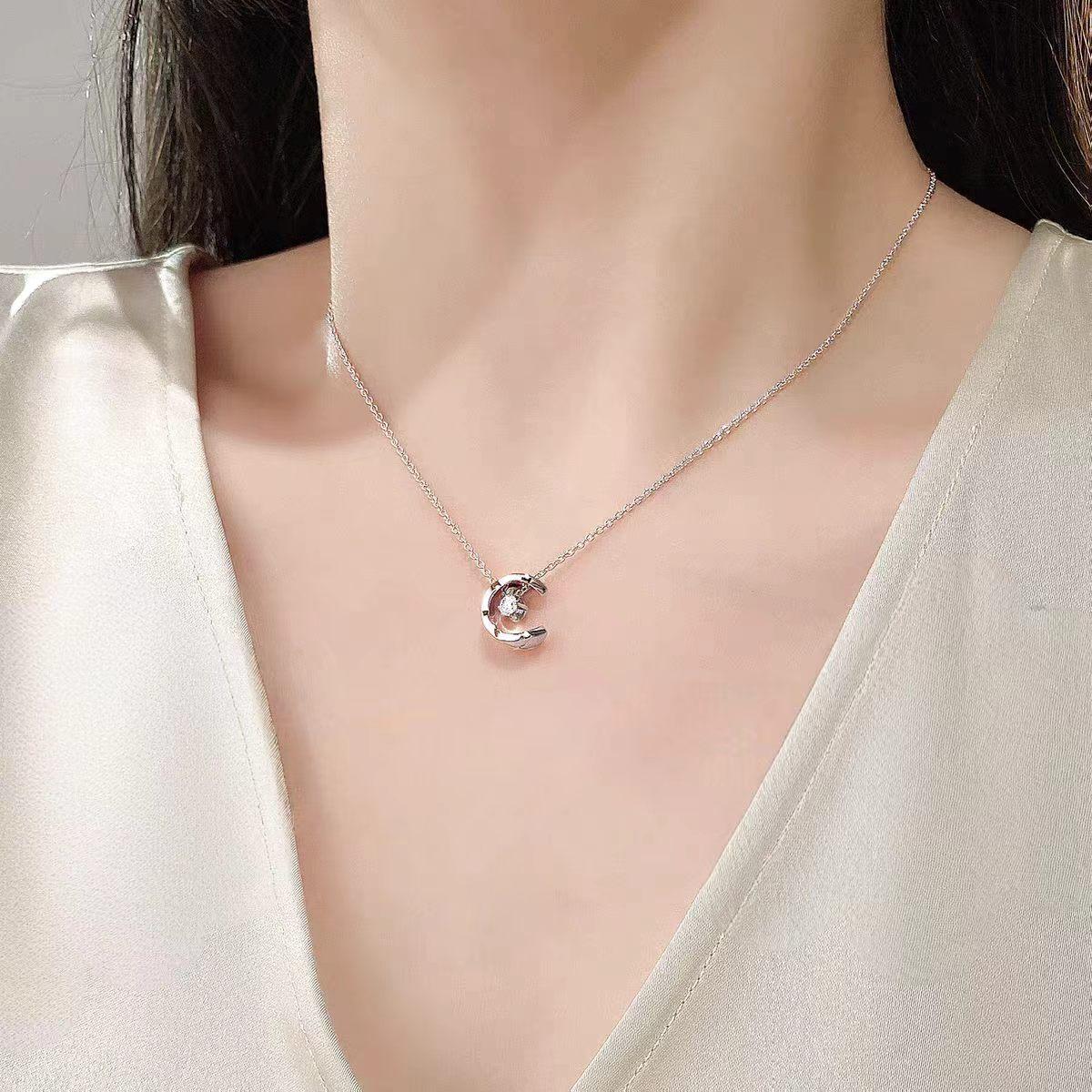 Copper + Titanium Steel Chain Rhombus Water Ice Moon Necklace Light Luxury Simple Titanium Steel Temperament Design Sense Light Luxury Niche Necklace