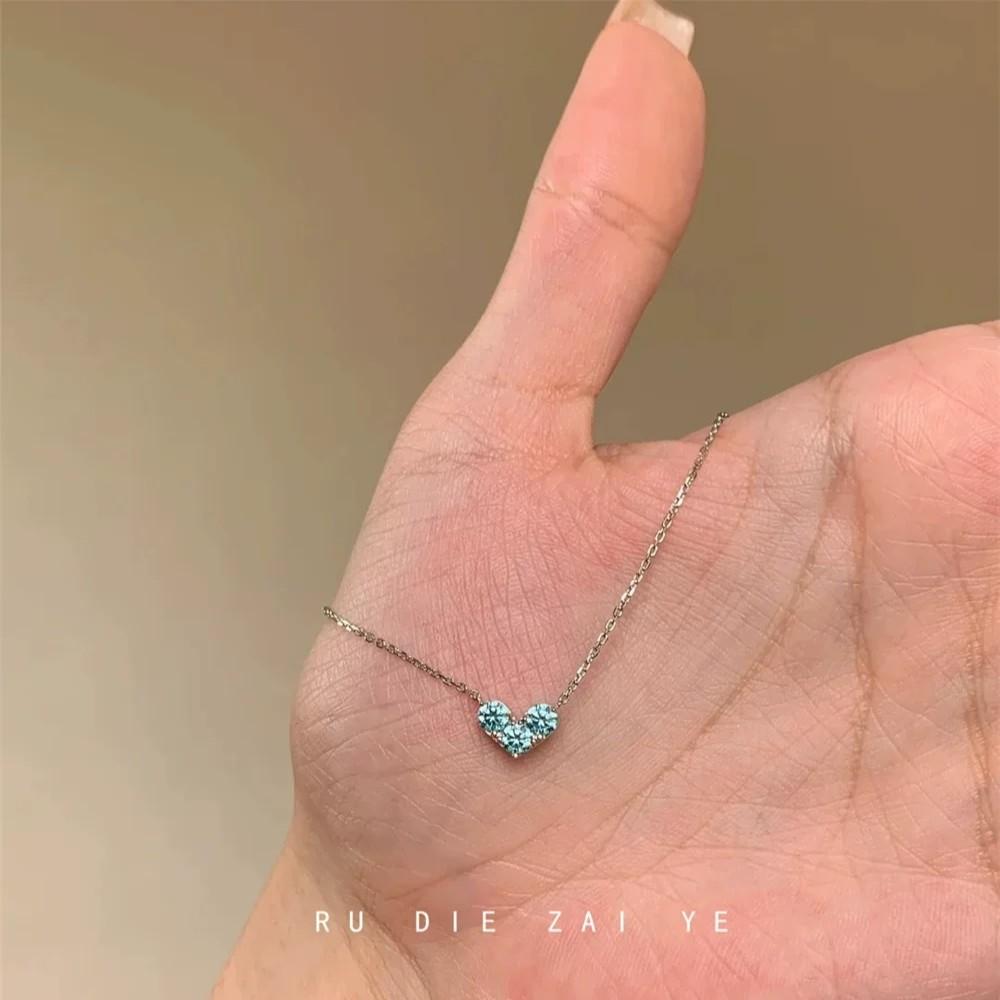 Ice Blue Mini Love Minimalist Necklace for Women Light Luxury Niche Ins Elegant High Sense Pendant Clavicle Chain Sweater Chain