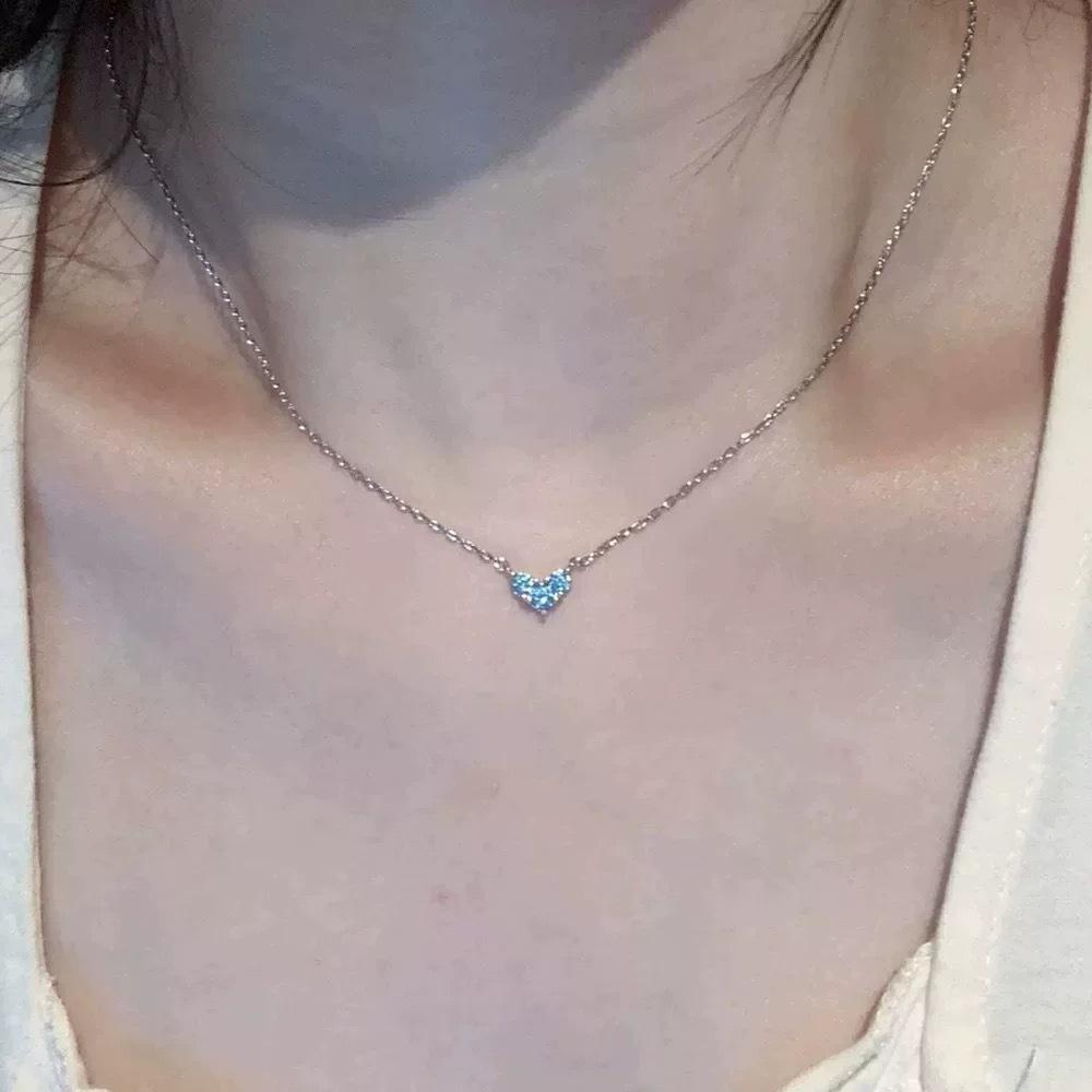 Ice Blue Mini Love Minimalist Necklace for Women Light Luxury Niche Ins Elegant High Sense Pendant Clavicle Chain Sweater Chain