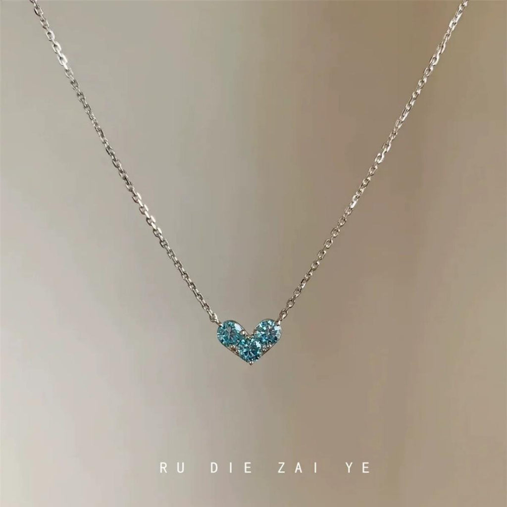 Ice Blue Mini Love Minimalist Necklace for Women Light Luxury Niche Ins Elegant High Sense Pendant Clavicle Chain Sweater Chain
