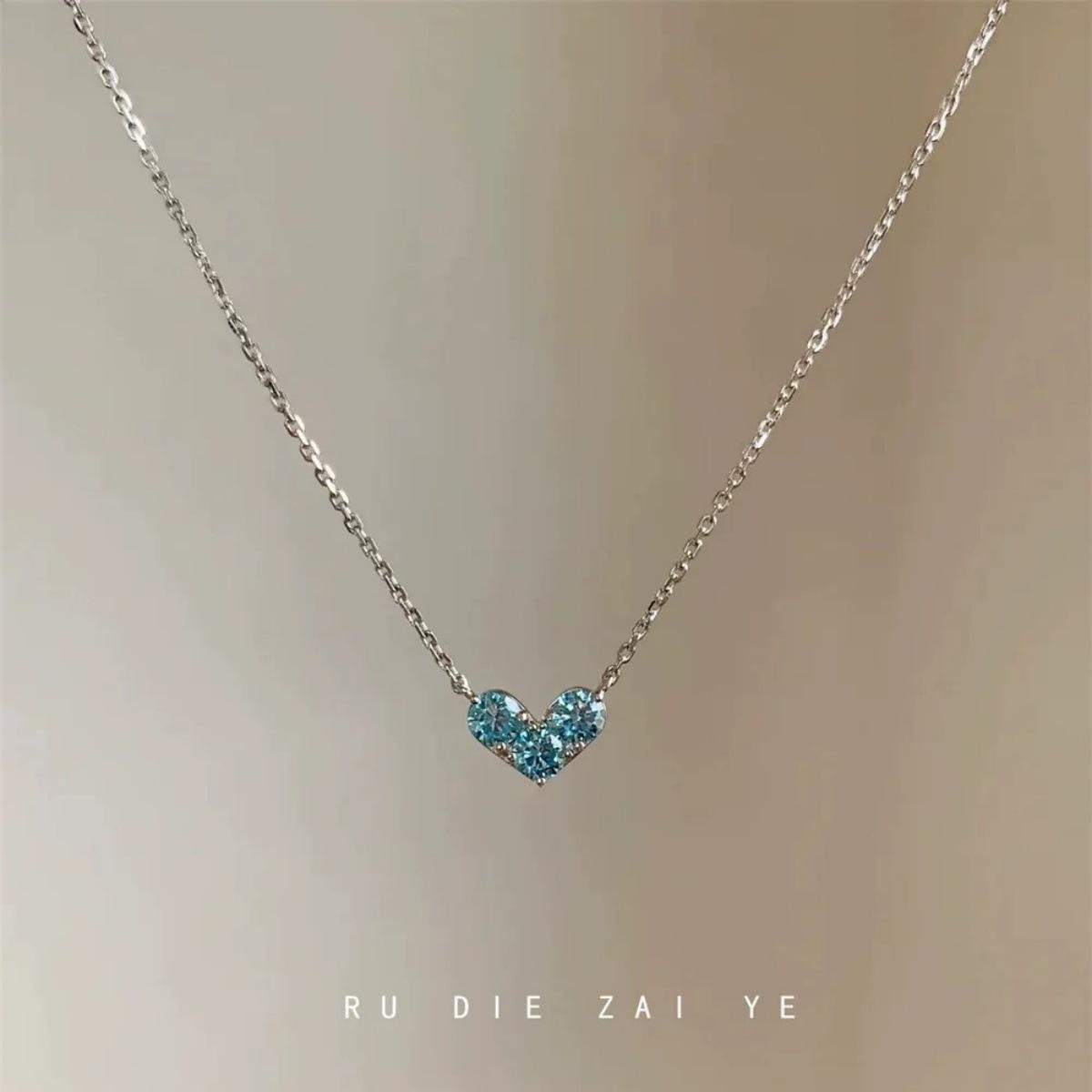 Ice Blue Mini Love Minimalist Necklace for Women Light Luxury Niche Ins Elegant High Sense Pendant Clavicle Chain Sweater Chain