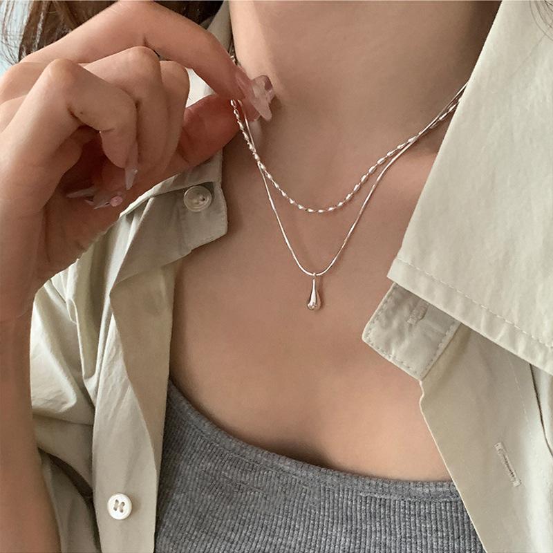 Simple All-Match Double-Layer Water Drop Necklace Women's Cold Style Personality Temperament High-Grade Rice Grain Clavicle Chain Ins Necklace