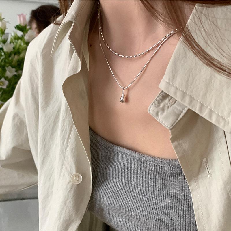 Simple All-Match Double-Layer Water Drop Necklace Women's Cold Style Personality Temperament High-Grade Rice Grain Clavicle Chain Ins Necklace