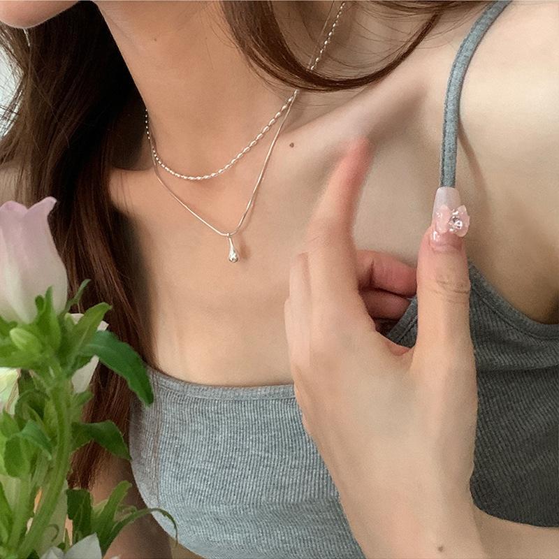 Simple All-Match Double-Layer Water Drop Necklace Women's Cold Style Personality Temperament High-Grade Rice Grain Clavicle Chain Ins Necklace