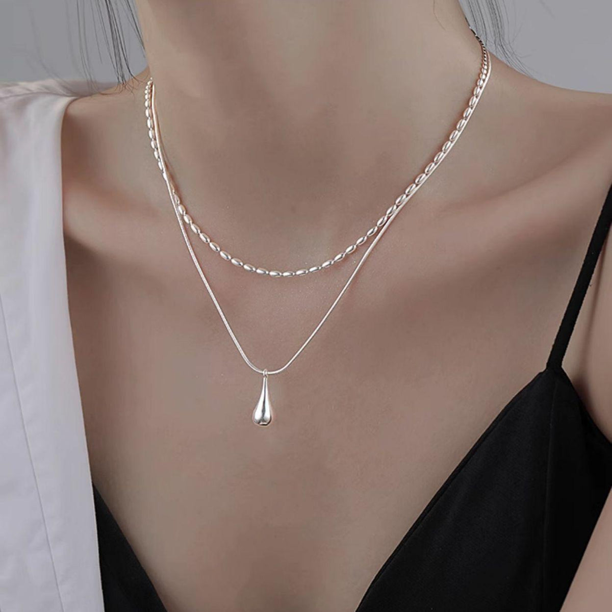 Simple All-Match Double-Layer Water Drop Necklace Women's Cold Style Personality Temperament High-Grade Rice Grain Clavicle Chain Ins Necklace