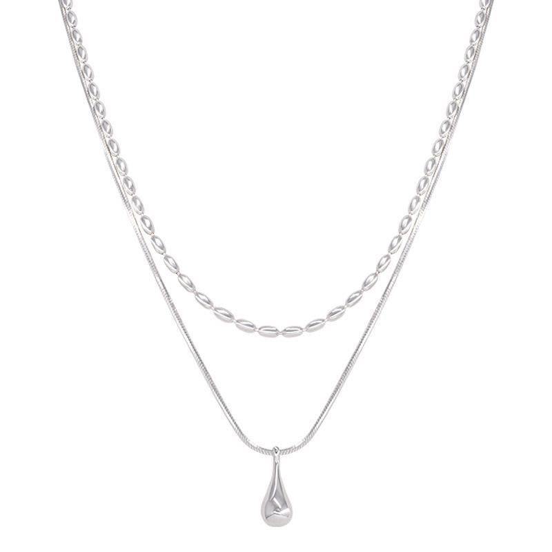 Simple All-Match Double-Layer Water Drop Necklace Women's Cold Style Personality Temperament High-Grade Rice Grain Clavicle Chain Ins Necklace