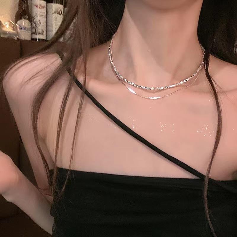 Double-Layer High-Grade Broken Silver Necklace for Girls Light Luxury Niche Design Sense Fine Flash Stacked Hot Girl Clavicle Chain Jewelry
