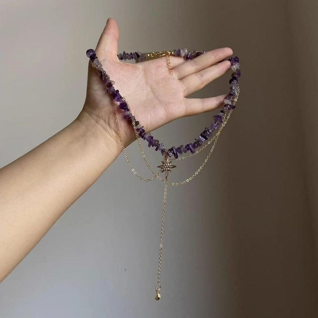 Retro Irregular Purple Gravel Golden Awn Star Necklace Female Niche High-Grade Clavicle Chain Unique Beautiful Necklace