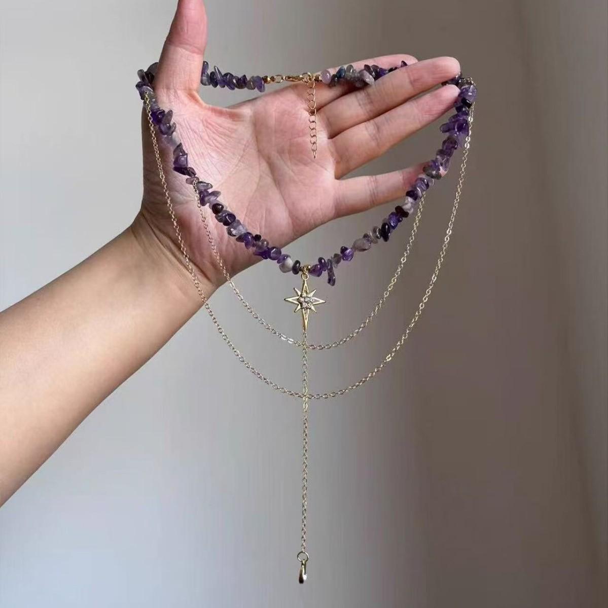 Retro Irregular Purple Gravel Golden Awn Star Necklace Female Niche High-Grade Clavicle Chain Unique Beautiful Necklace