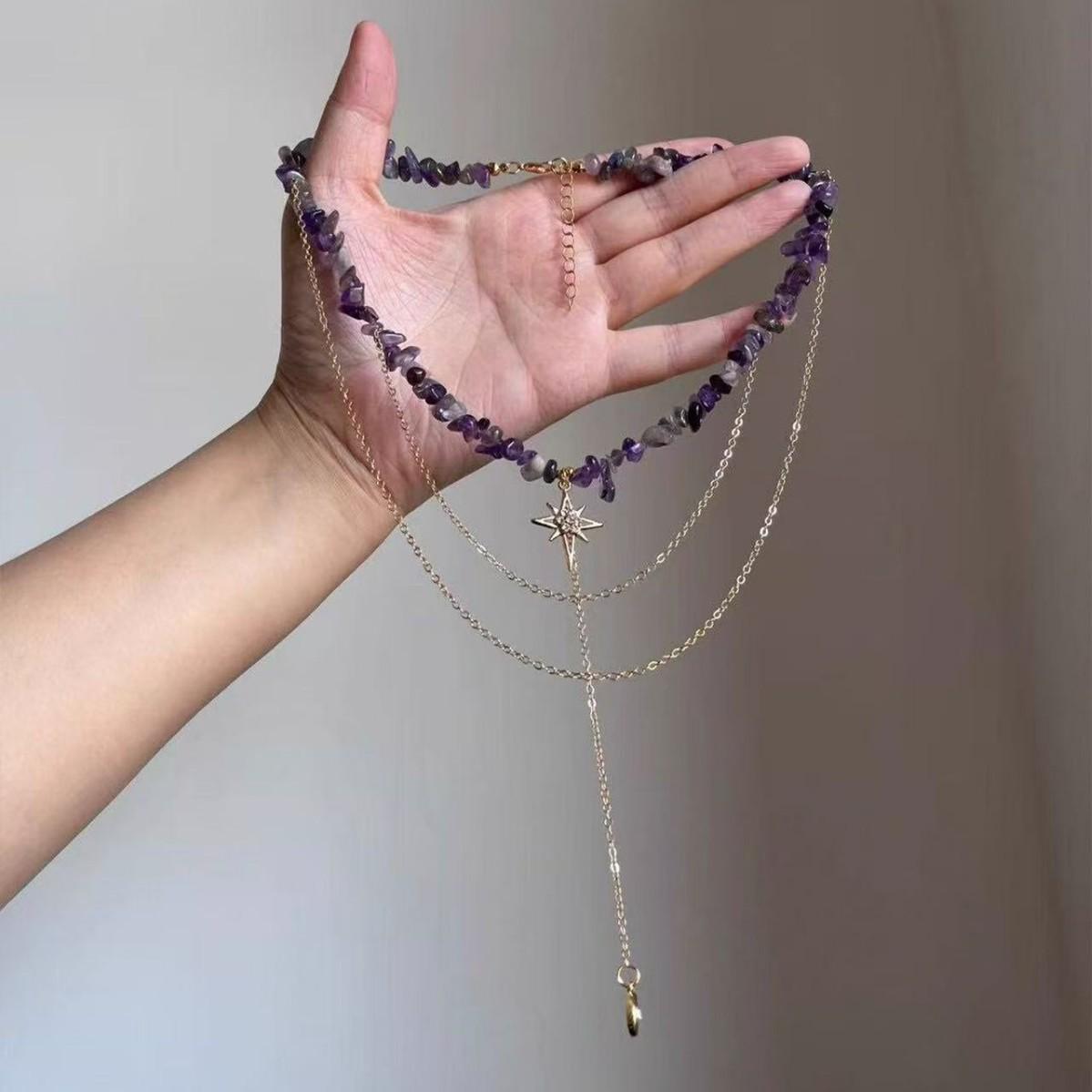Retro Irregular Purple Gravel Golden Awn Star Necklace Female Niche High-Grade Clavicle Chain Unique Beautiful Necklace