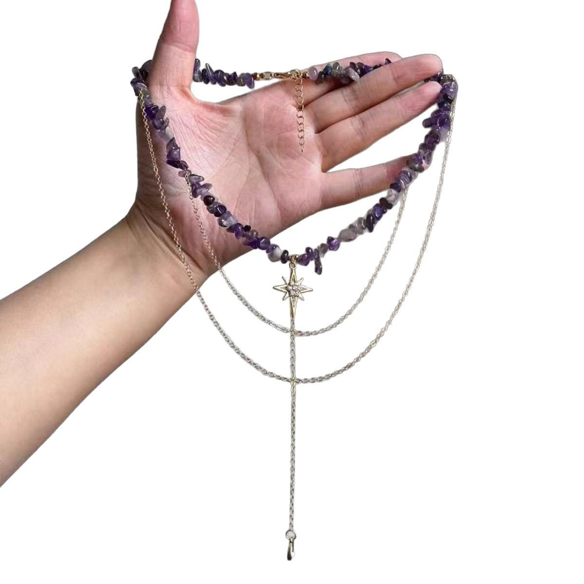 Retro Irregular Purple Gravel Golden Awn Star Necklace Female Niche High-Grade Clavicle Chain Unique Beautiful Necklace