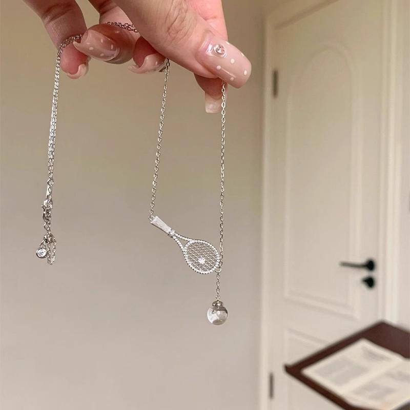 "Unique" Silver Tennis Racket Necklace 2025 New High-Grade White Crystal Clavicle Chain