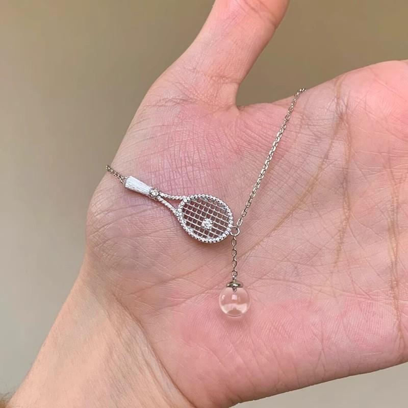 "Unique" Silver Tennis Racket Necklace 2025 New High-Grade White Crystal Clavicle Chain