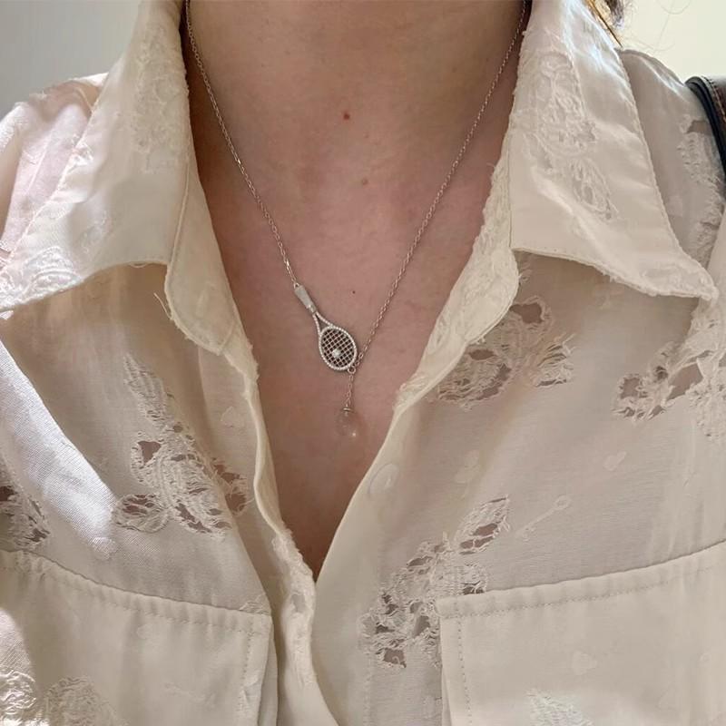 "Unique" Silver Tennis Racket Necklace 2025 New High-Grade White Crystal Clavicle Chain