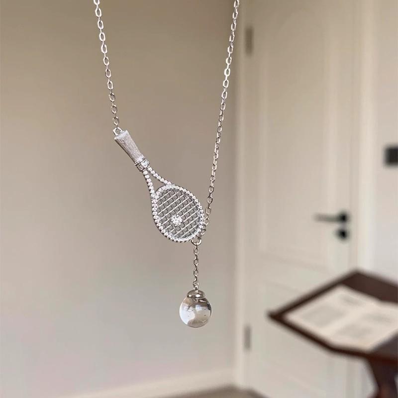 "Unique" Silver Tennis Racket Necklace 2025 New High-Grade White Crystal Clavicle Chain