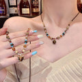 Retro Maillard Lovely Tiger Eye Stone Beaded Necklace for Women Hong Kong Style Elegant White Clavicle Chain Niche All-Matching Accessories