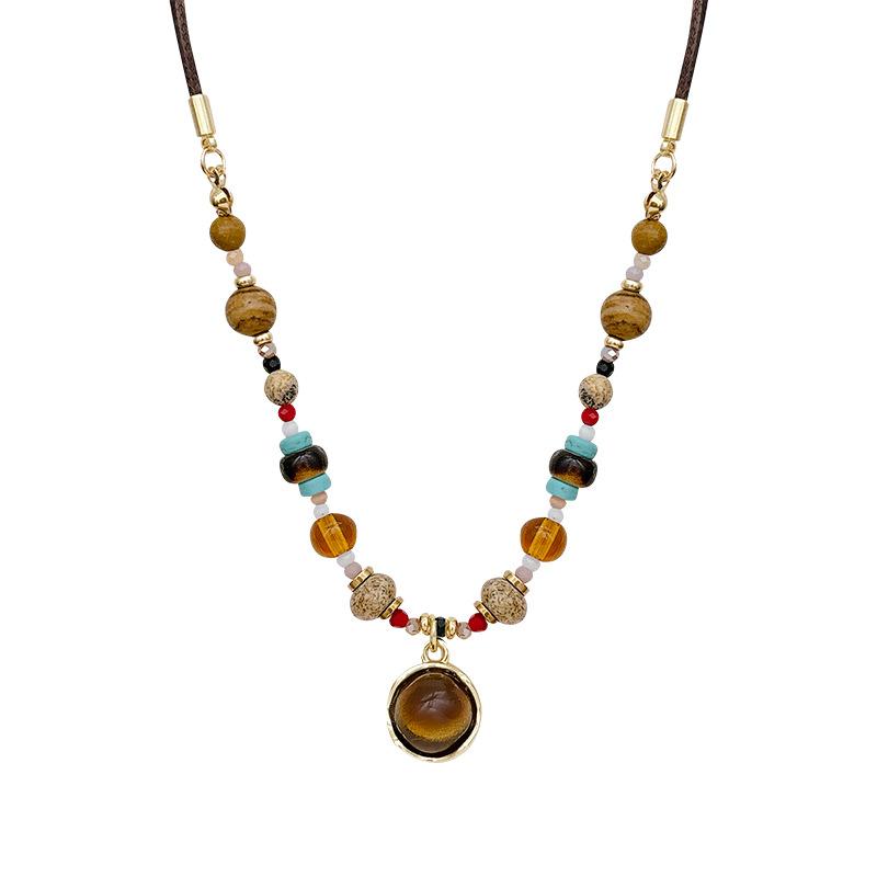 Retro Maillard Lovely Tiger Eye Stone Beaded Necklace for Women Hong Kong Style Elegant White Clavicle Chain Niche All-Matching Accessories