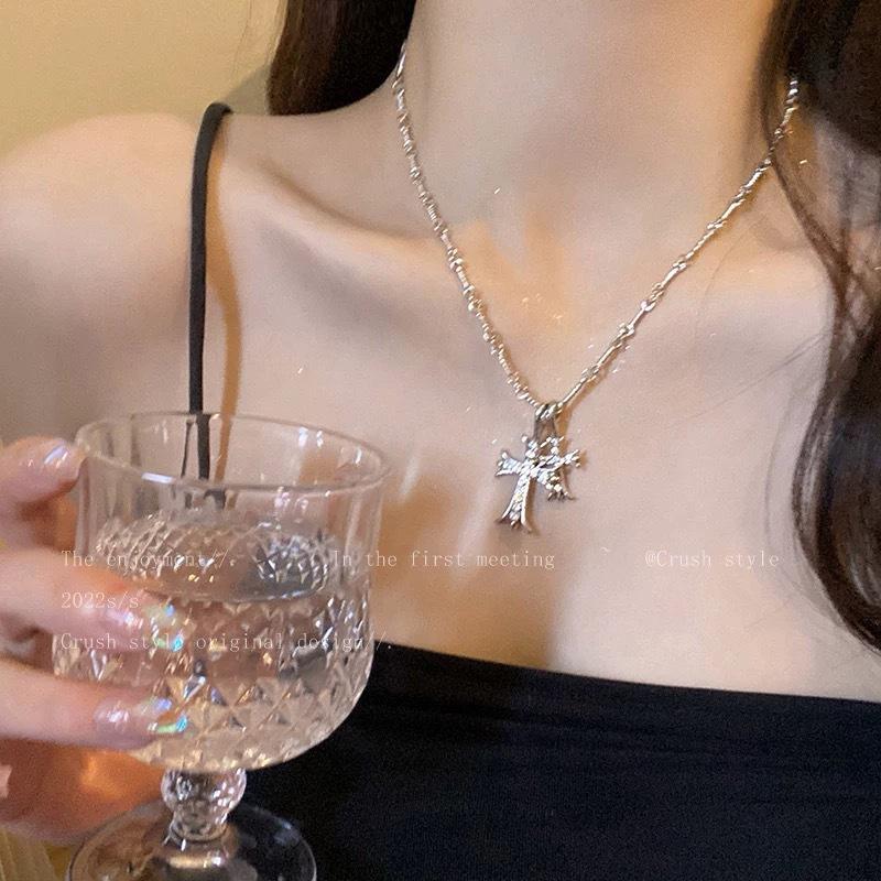 Sweet Cool Hot Girl Silver Double Cross Long Necklace for Women New Style Cold Style Niche High-Grade Clavicle Chain Accessories