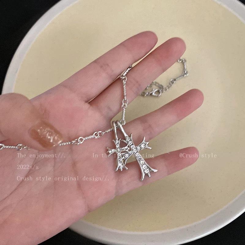 Sweet Cool Hot Girl Silver Double Cross Long Necklace for Women New Style Cold Style Niche High-Grade Clavicle Chain Accessories