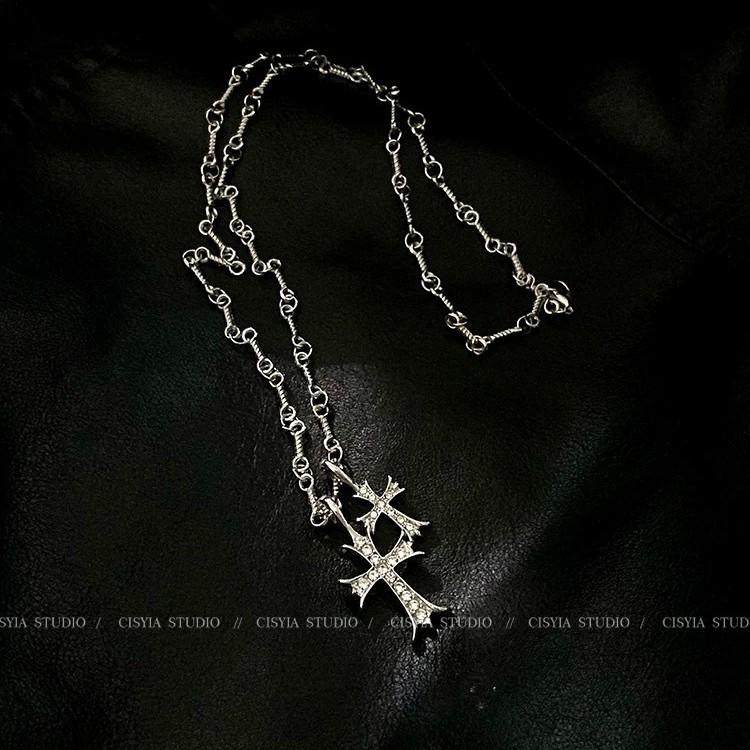 Sweet Cool Hot Girl Silver Double Cross Long Necklace for Women New Style Cold Style Niche High-Grade Clavicle Chain Accessories