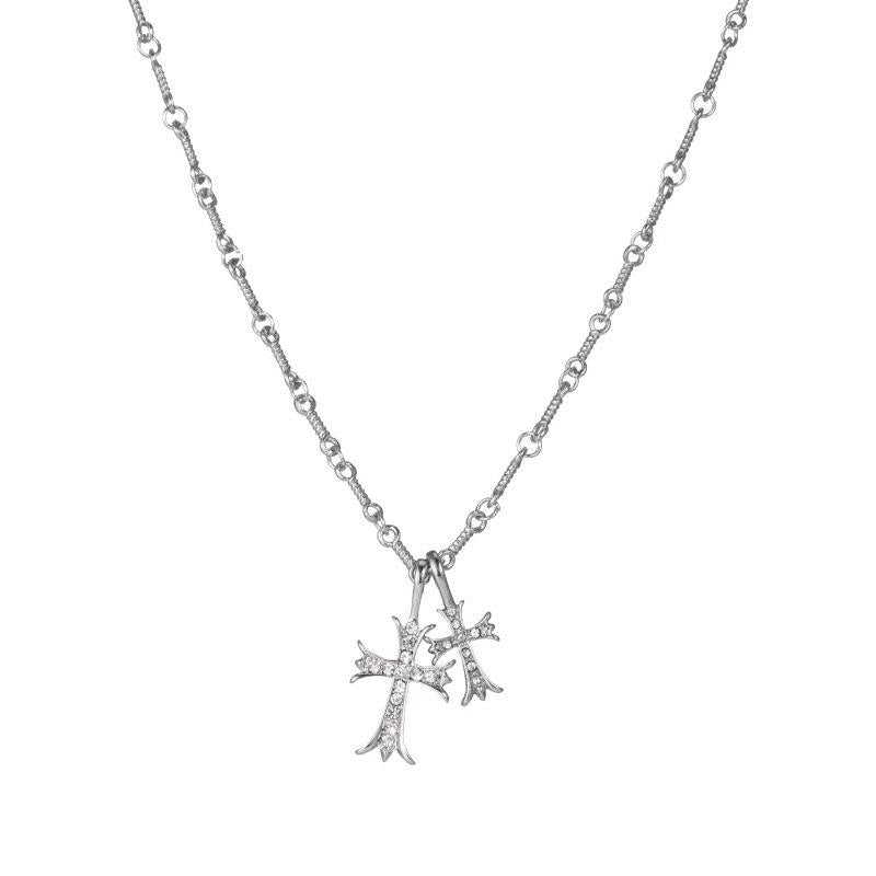 Sweet Cool Hot Girl Silver Double Cross Long Necklace for Women New Style Cold Style Niche High-Grade Clavicle Chain Accessories
