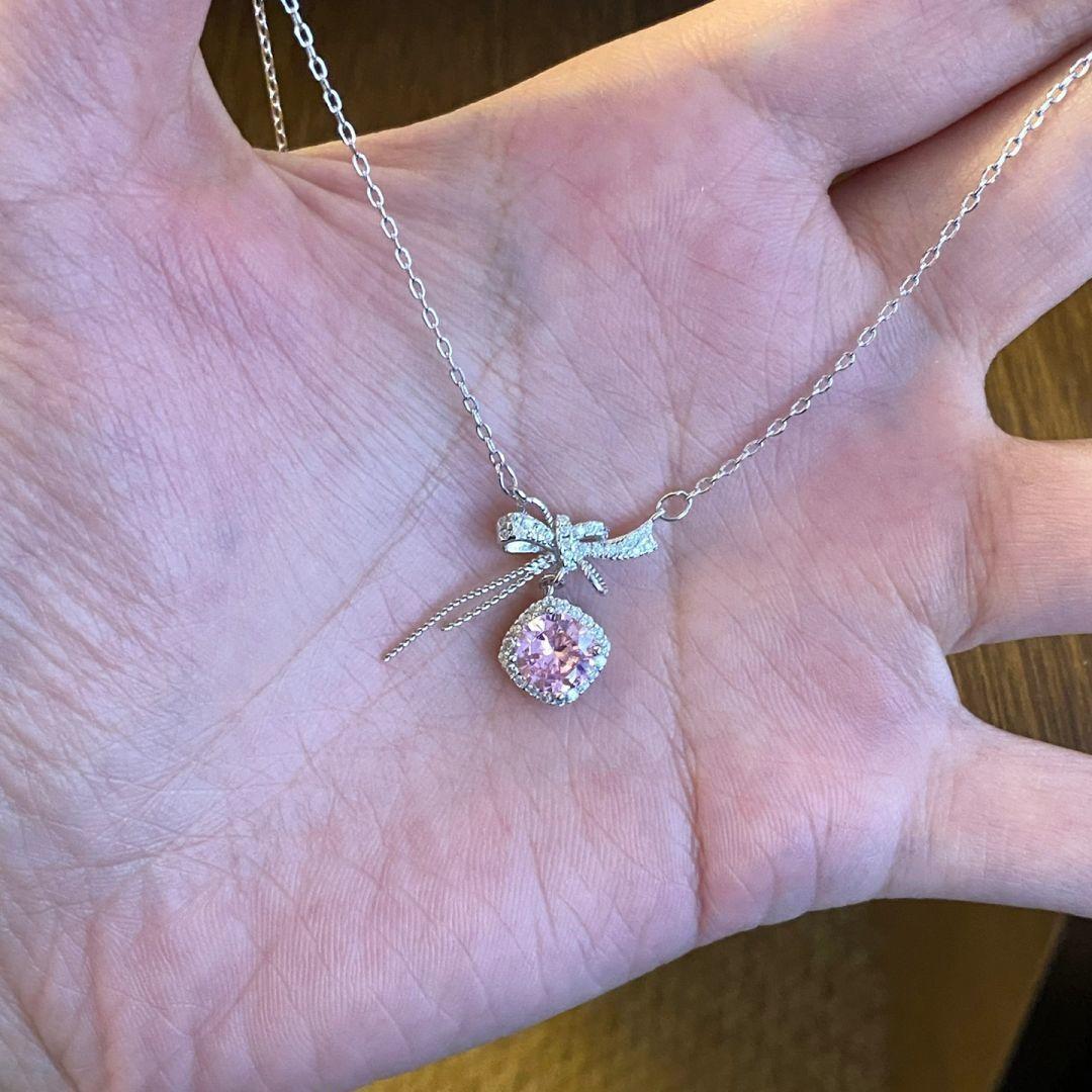 Sweet Light Pink Square Candy Irregular Bow Necklace Women's Super Shiny Exquisite Simple All-Match Clavicle Chain