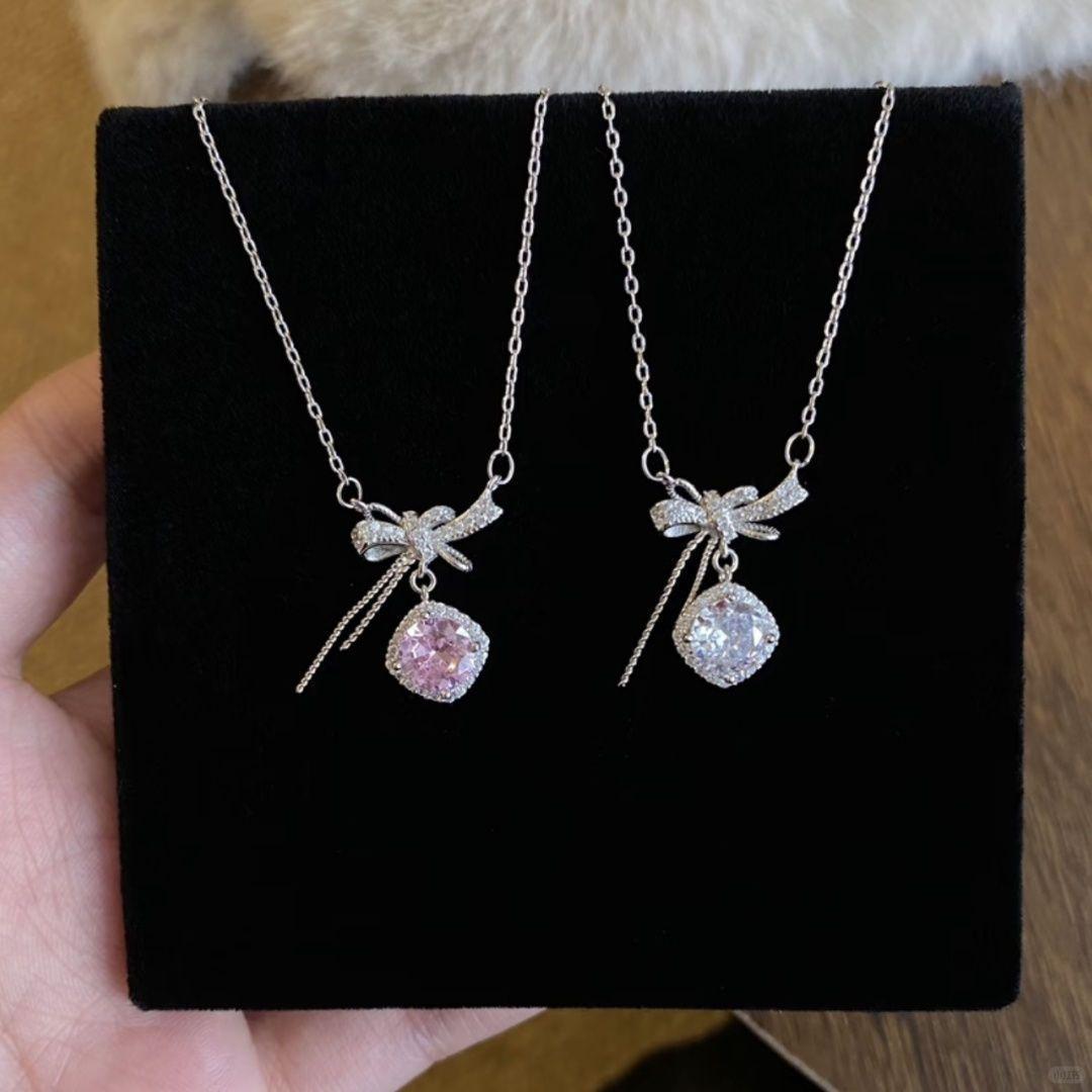 Sweet Light Pink Square Candy Irregular Bow Necklace Women's Super Shiny Exquisite Simple All-Match Clavicle Chain
