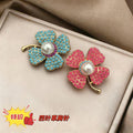 Imitation Turquoise Four-Leaf Flower Brooch Female Inlaid High-Grade Exquisite Freshwater Pearl Pin Suit Coat Corsage Pin