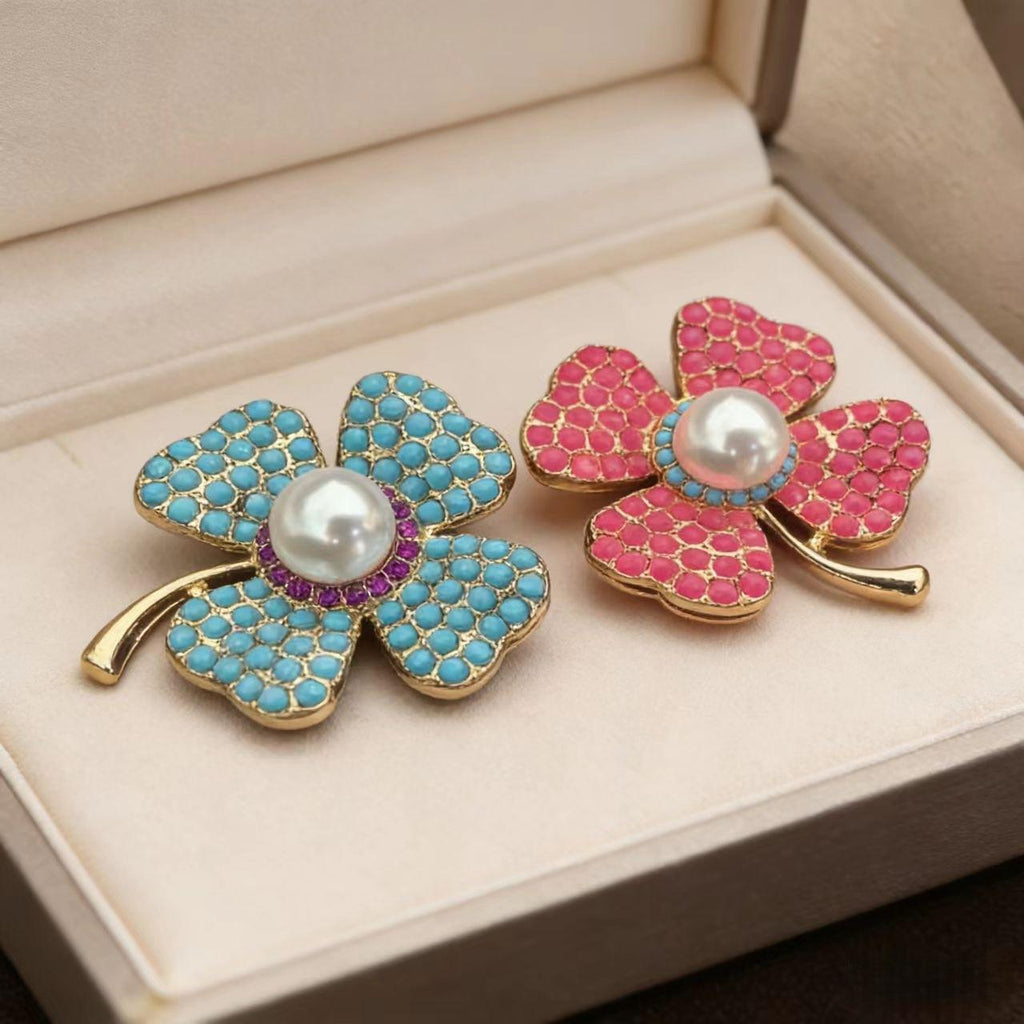 Imitation Turquoise Four-Leaf Flower Brooch Female Inlaid High-Grade Exquisite Freshwater Pearl Pin Suit Coat Corsage Pin